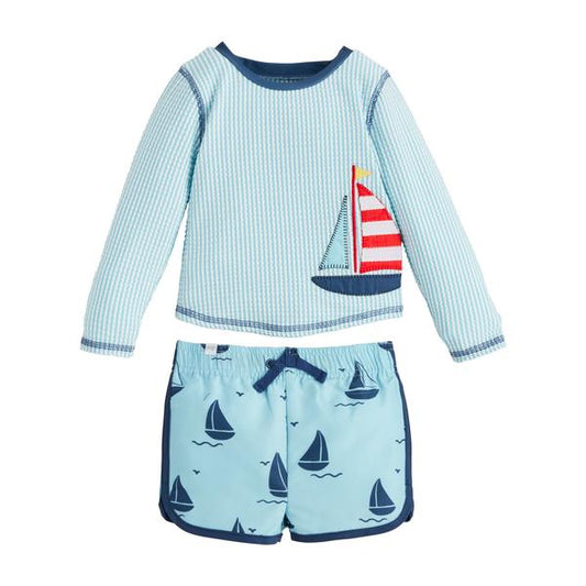Boys sailboat appliqué, Searsucker rash, guard, swim set