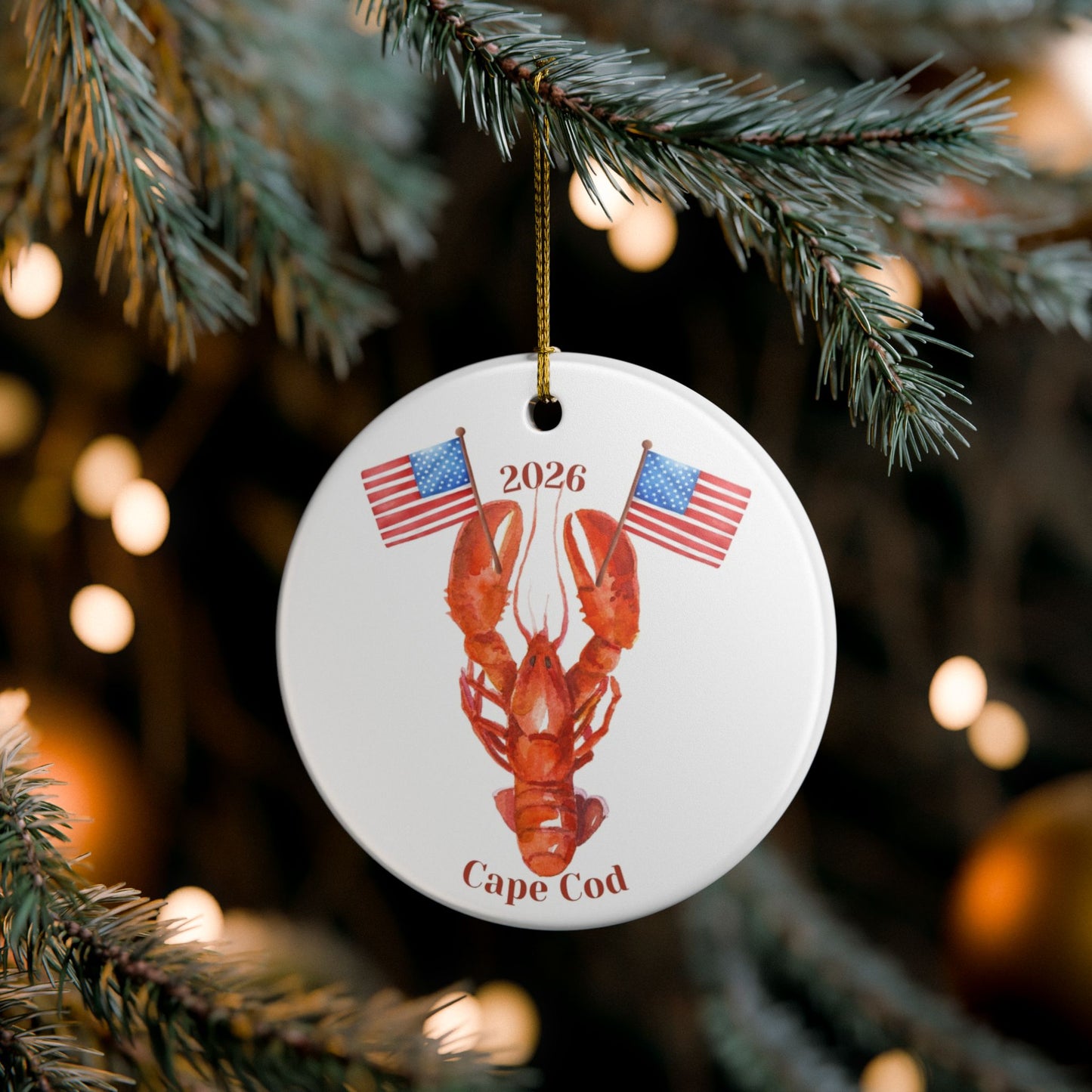Cape Cod 2026 Lobster Ornament with American Flags