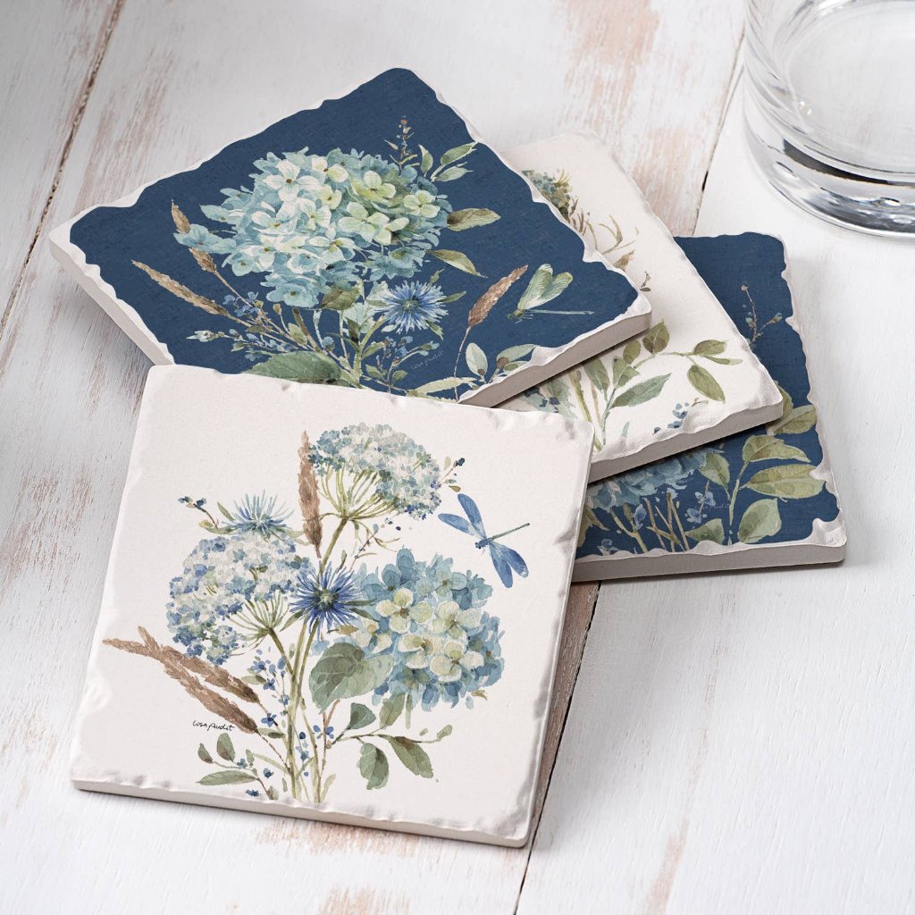 Bohemian Blue Hydrangeas Tile Coaster Set
