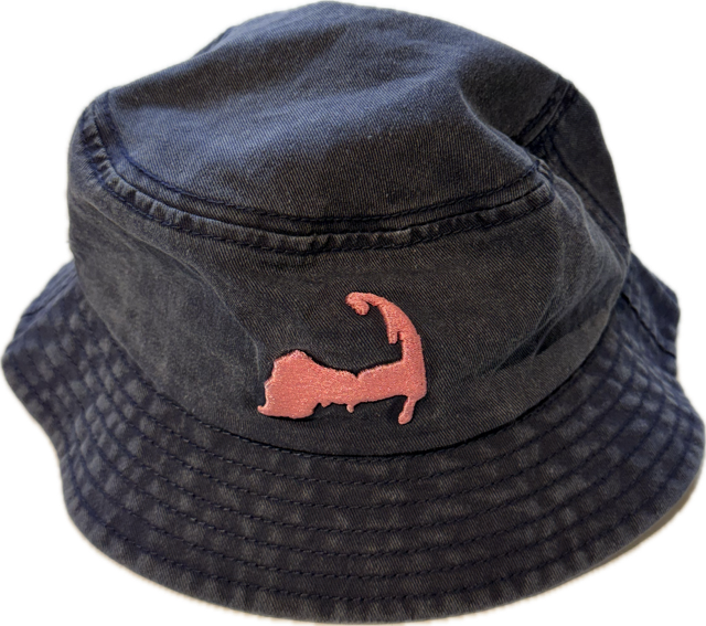 Navy blue Cape Cod bucket hat with pink embroidered map design in Cape Cod embroidered on the back