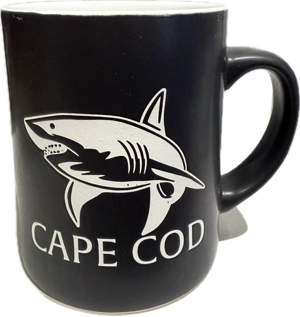 Black ceramic Cape Cod shark mug