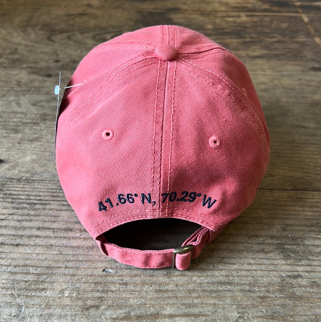 Cape Cod embroidered shark baseball hat in the color Nantucket red with coordinates 