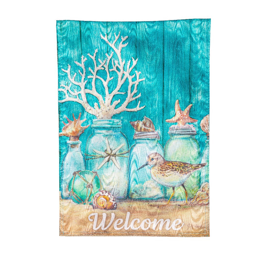 I love the moire of this coastal beach jars garden welcome flag