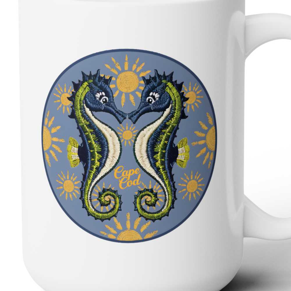 close up of the Embroidered Seahorses Cape Cod Ceramic Mug