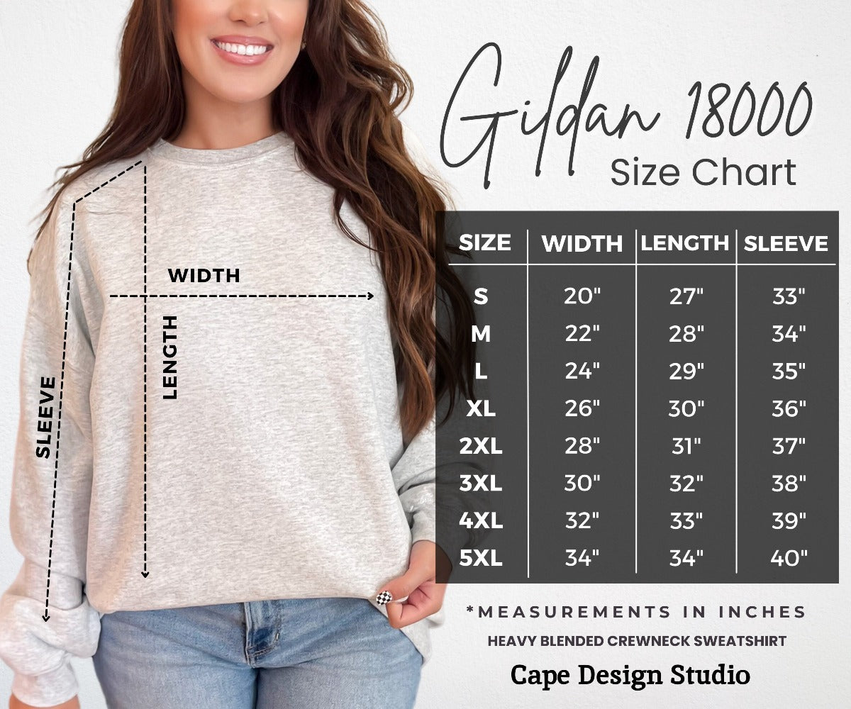 Gildan 18000 size chart for Cape Design Studio
