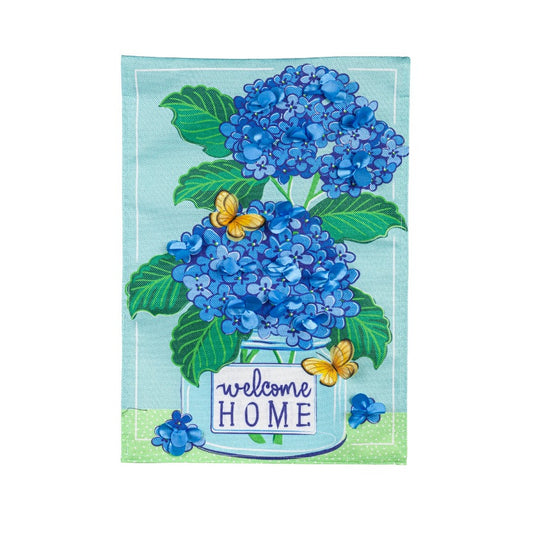 Welcome Home Hydrangeas Garden Flag, crafted with luxurious soft polyester burlap fabric. Its heat transferred artwork on both sides creates a natural, crafted look. Our durable and weatherproof poly-burlap