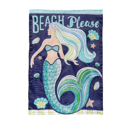 This is the perfect Mermaid themed garden flag with the message, Beach Please