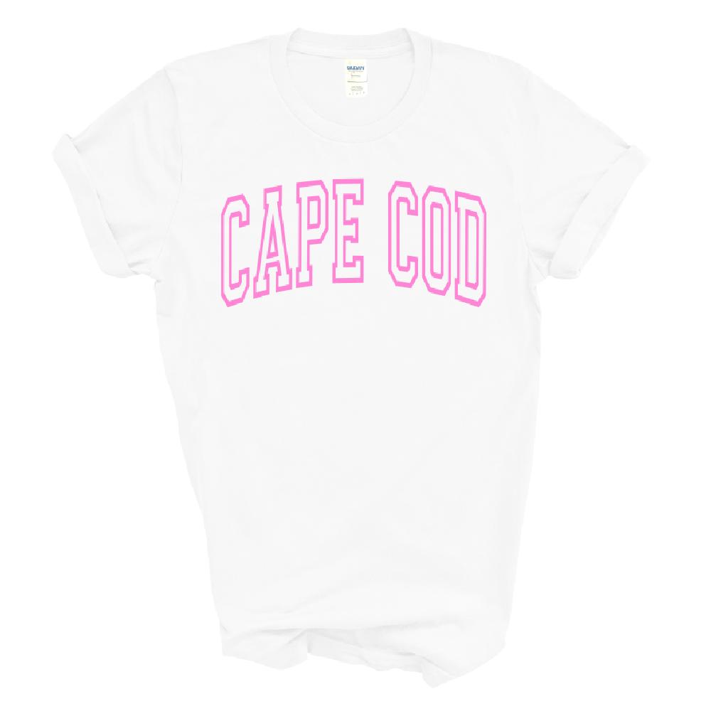 a white Cape Cod t-shirt with Pink letters