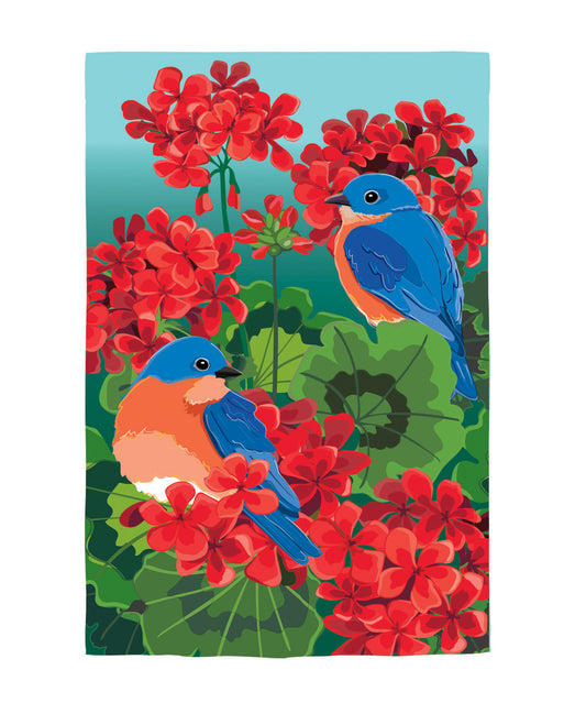 I love this bluebirds + geraniums garden flag