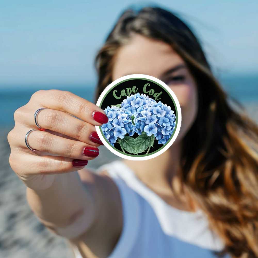 a beautiful young woman holding a Cape Cod Hydrangeas sticker