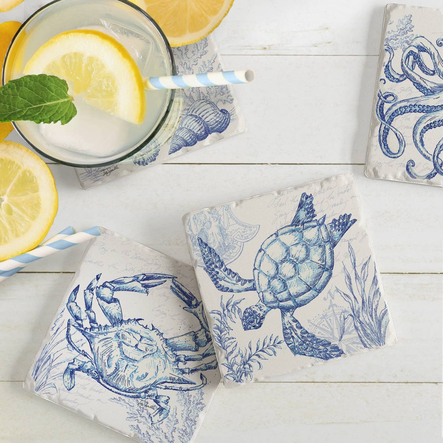 Coastal Sketch Tumbled Tile Coaster Set