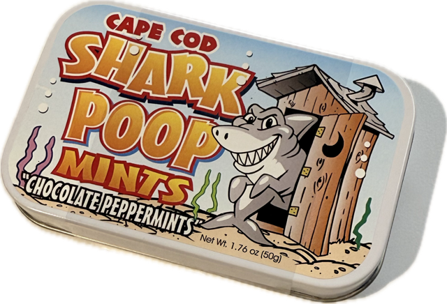 Cape Cod shark poop mints in a fun, humorous and collectible metal tin