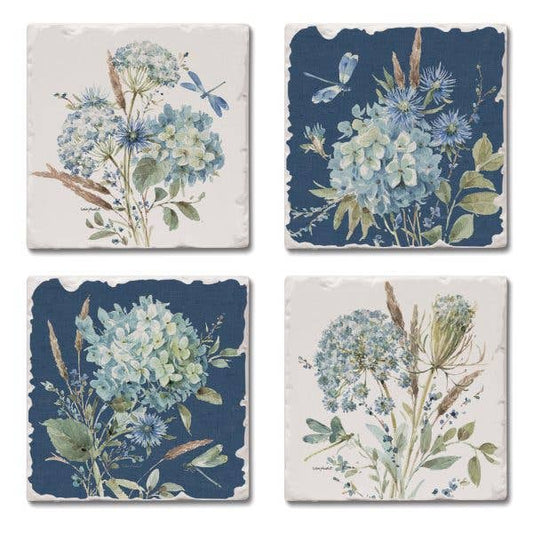 Bohemian Blue Hydrangeas Tumbled Tile Coaster Set