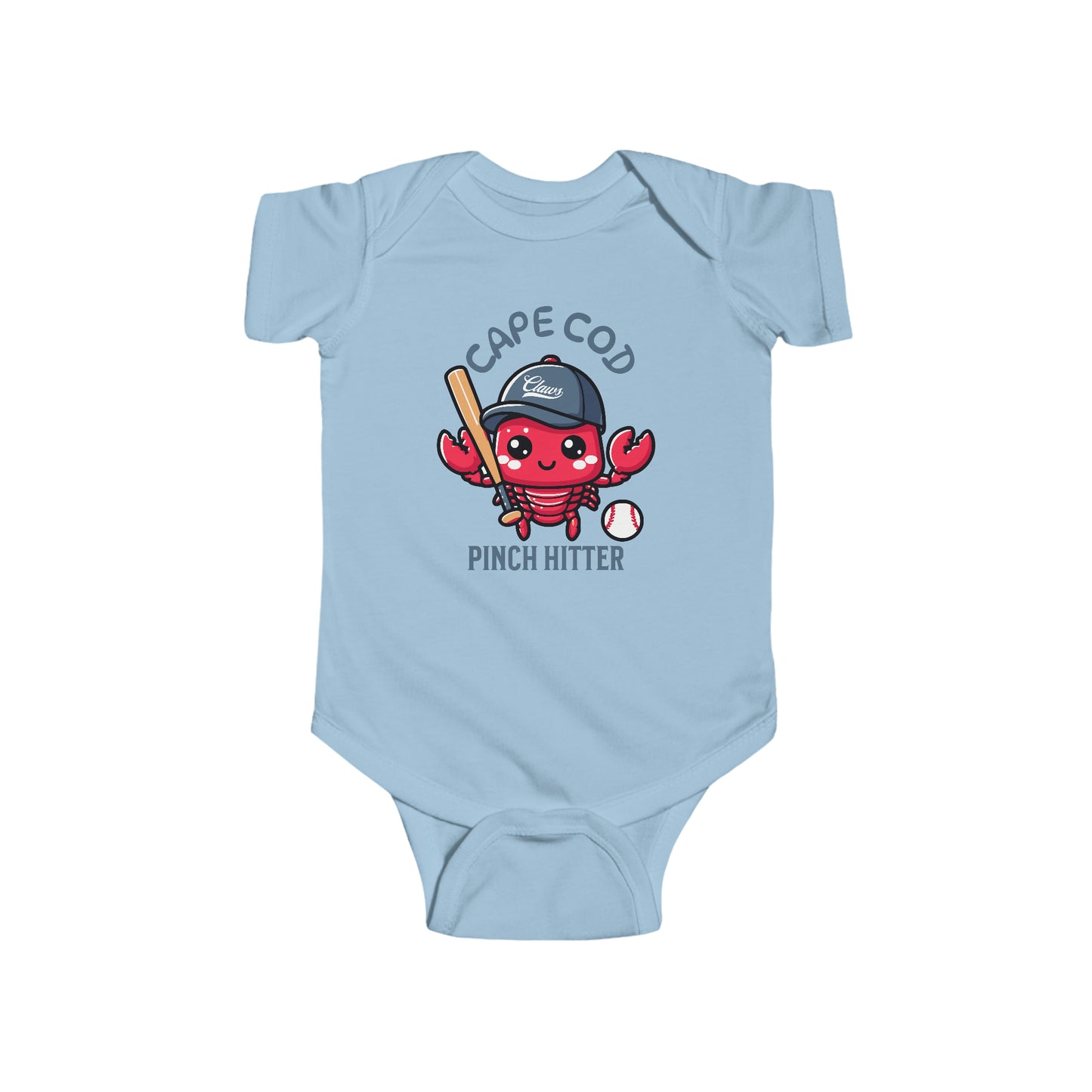 Cape Cod Pinch Hitter Lobster Baseball Player Baby Onesie in light blue
