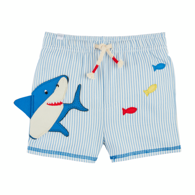 Boys, shark appliqué seersucker swim trunks