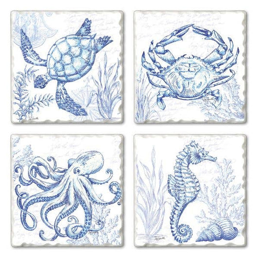 Coastal Sketch Tumbled Tile Coaster Set