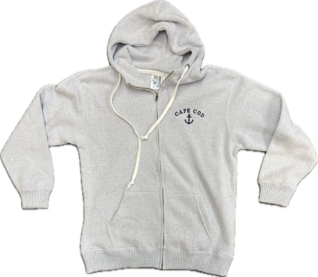 Cape Cod full zip Nantucket fleece hoodie with navy Cape Cod anchor embroidery, rubber wrists and front pockets