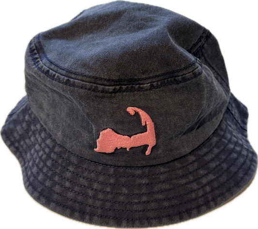 Navy blue Cape Cod bucket hat with pink embroidered map design in Cape Cod embroidered on the back
