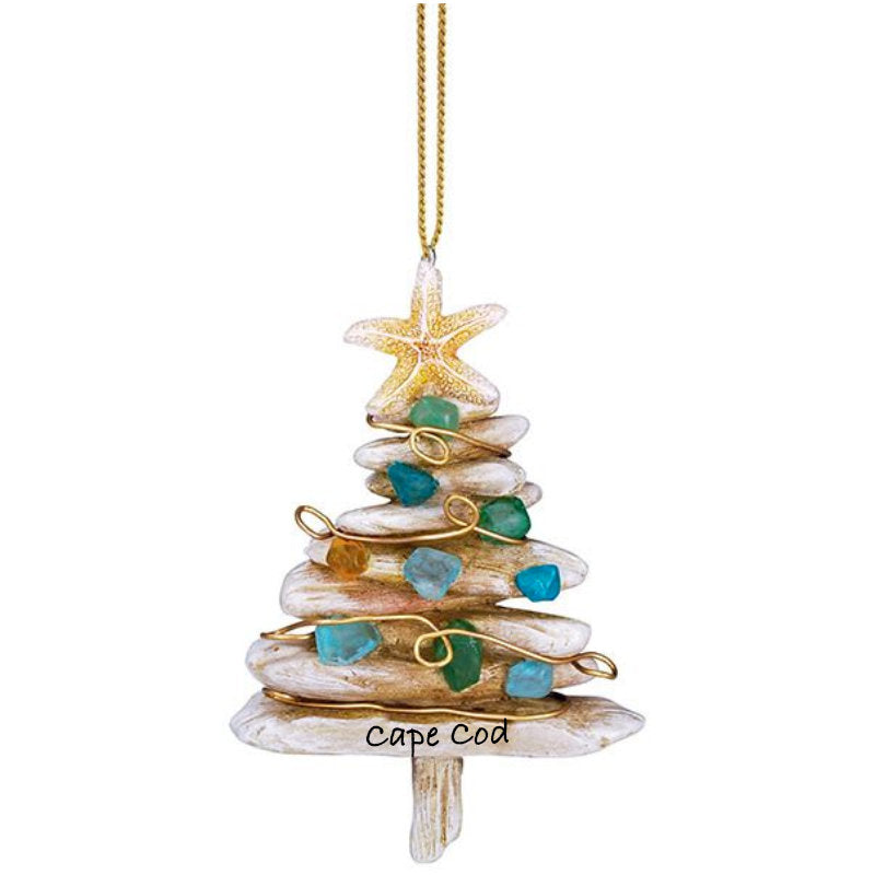 This boho style Cape Cod Christmas Tree Ornament features delicate looking little seaglass ornaments wrapping down a driftwood Christmas Tree.