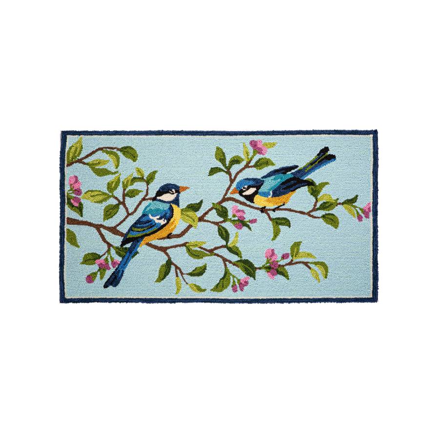 Blue birds in bramble branches hooked rug