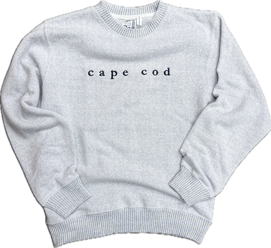 Soft blue cozy Cape Cod crewneck with navy blue embroidery