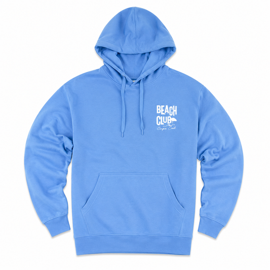 A light blue pullover hoodie with a white 'BEACH CLUB' graphic printed on the left chest, displayed against a solid white background.