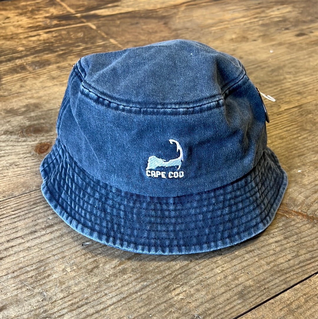Navy Cape Cod bucket hat with embroidered map design 