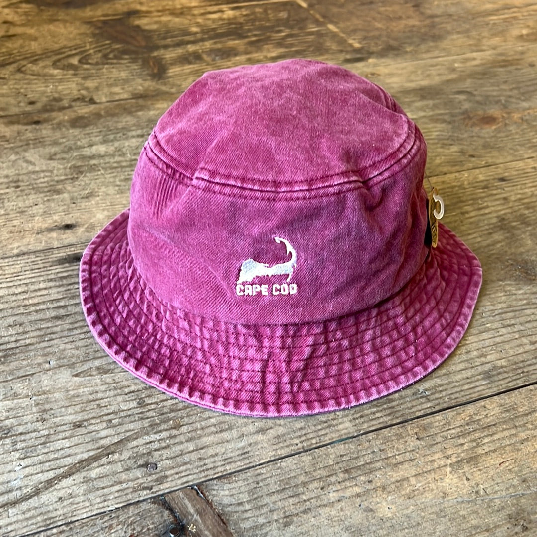 Red Cape Cod Bucket hat with embroidered map design 