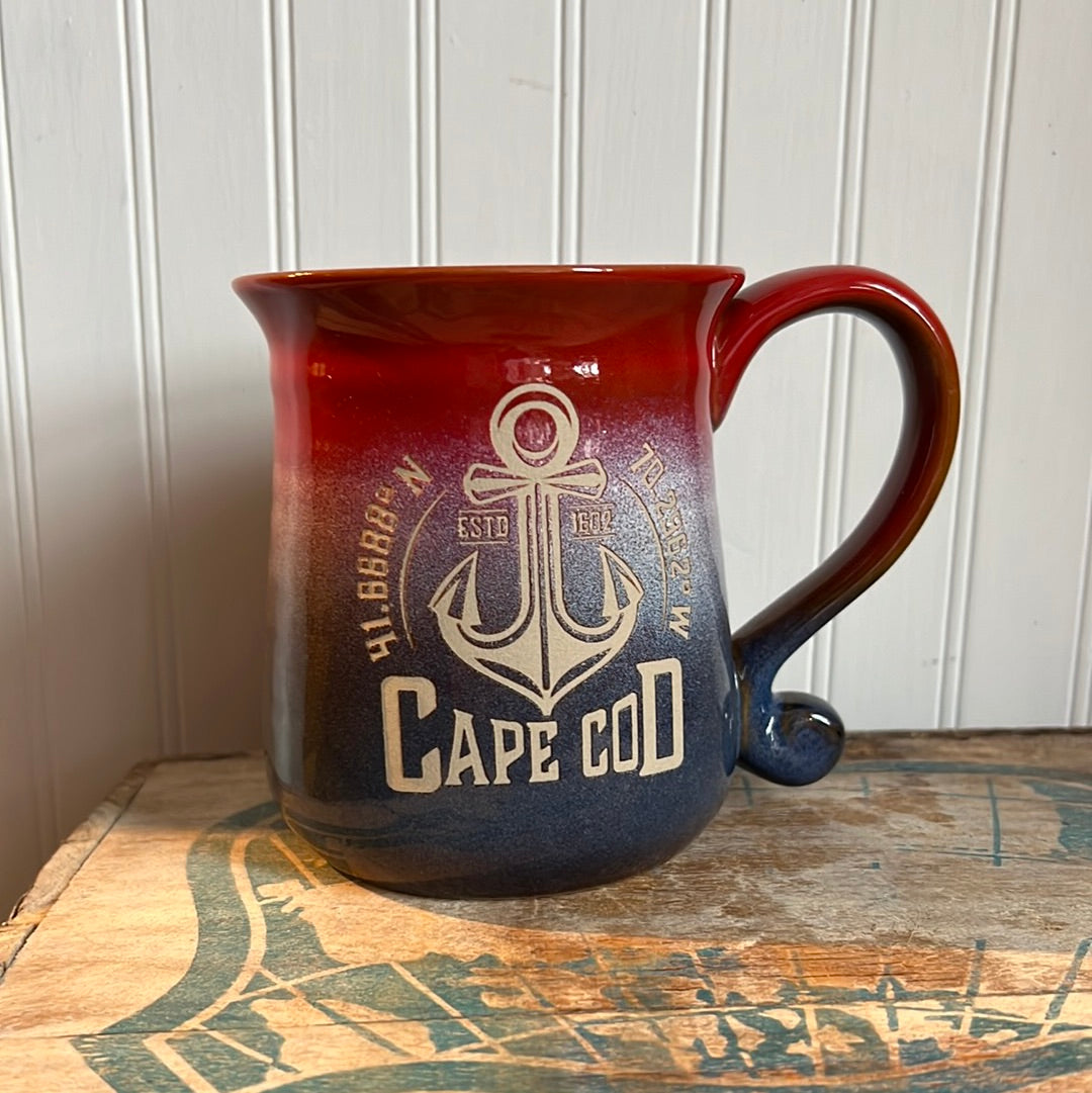 Cape Cod Mug - Red + Blue Ombré Etched Anchor Design