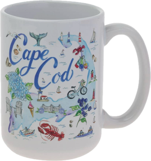 Cup with Cape Cod design featuring various icons and text on a white background