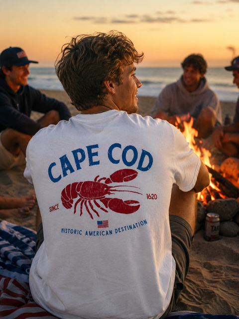 A man sitting on a beach at sunset wearing a white t-shirt with a large red lobster graphic and 'CAPE COD' printed in blue on the back. Other people and a campfire are visible in the background.