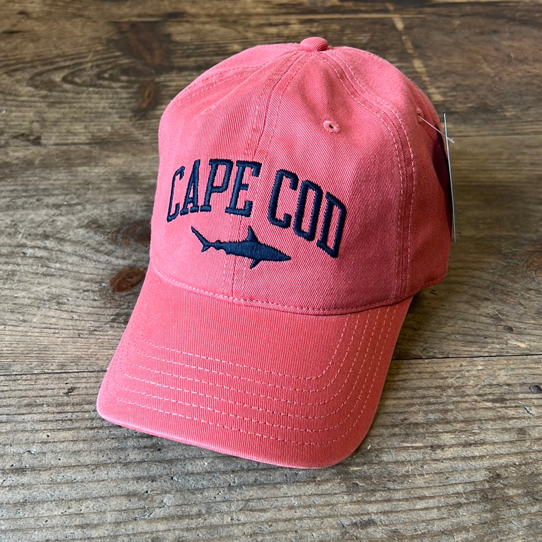 Cape Cod embroidered shark baseball hat in the color Nantucket red with coordinates on the back
