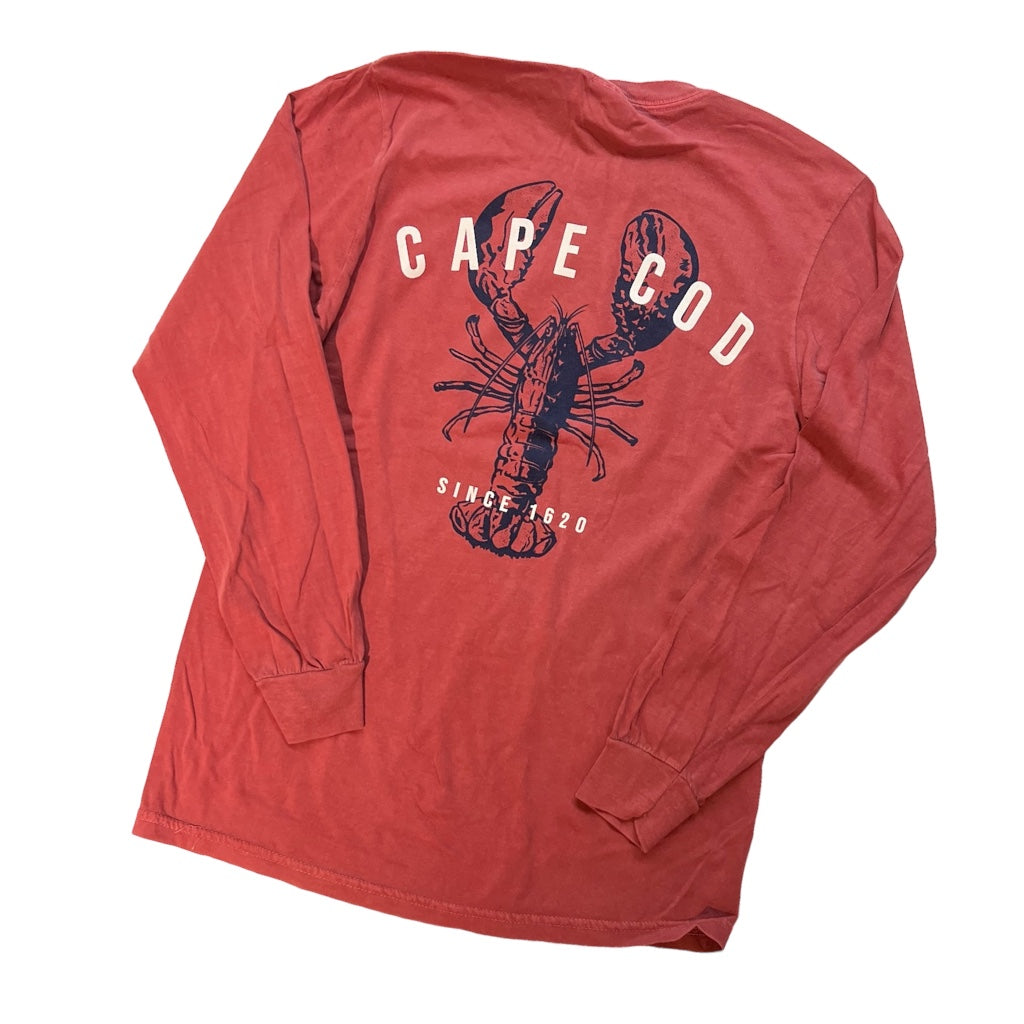 A crimson red long sleeve t-shirt with a front graphic of a lobster and the text 'CAPE COD' along with the phrase 'since 1980'.