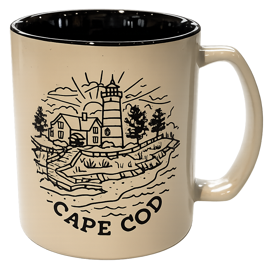 Cape Cod themed lighthouse mug with black interior and handle on a beige exterior
