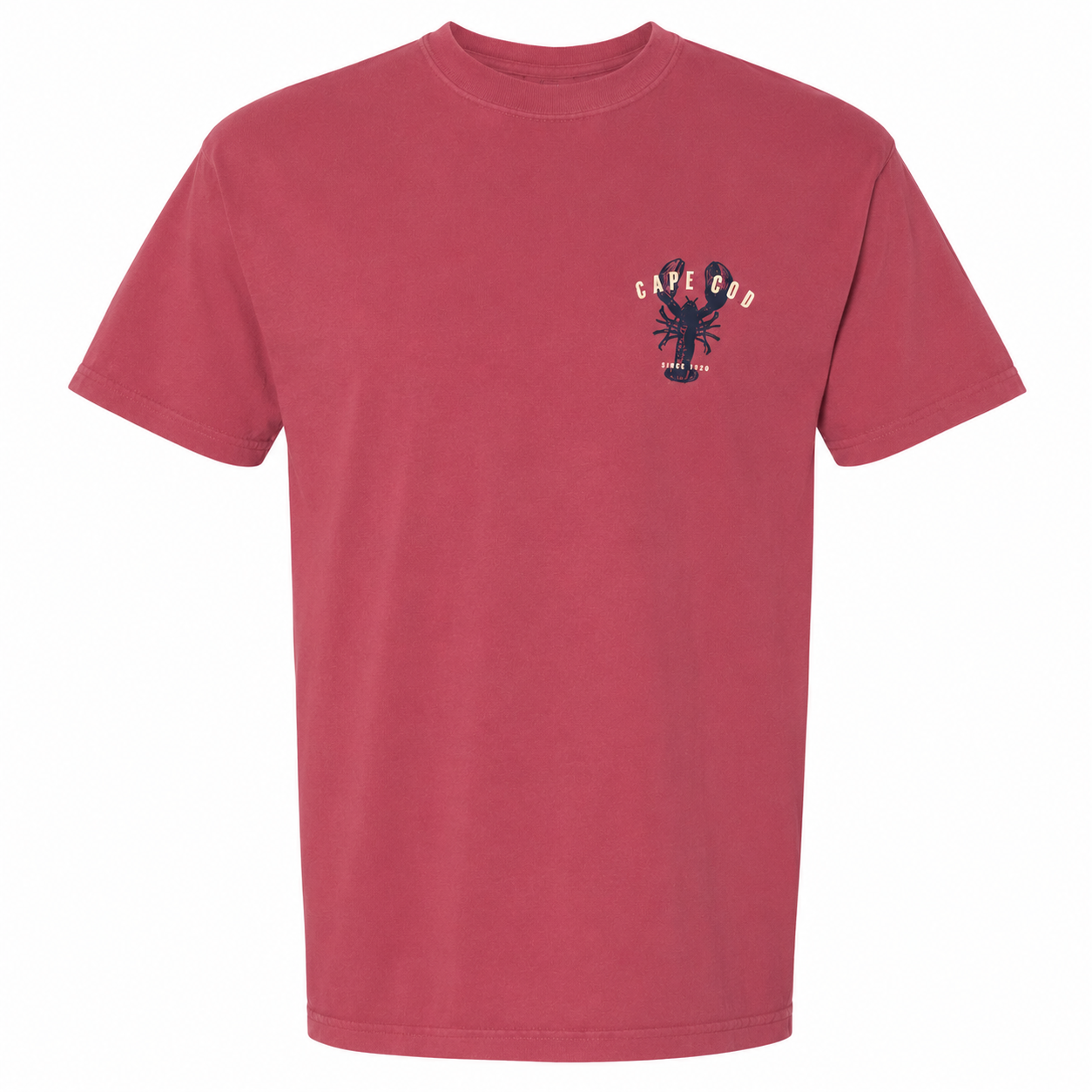 A short-sleeve crewneck t-shirt in a washed, faded red color, featuring a small graphic on the left chest with a lobster and the text 'CAPE GOU' and 'SOUTH CAROLINA'.