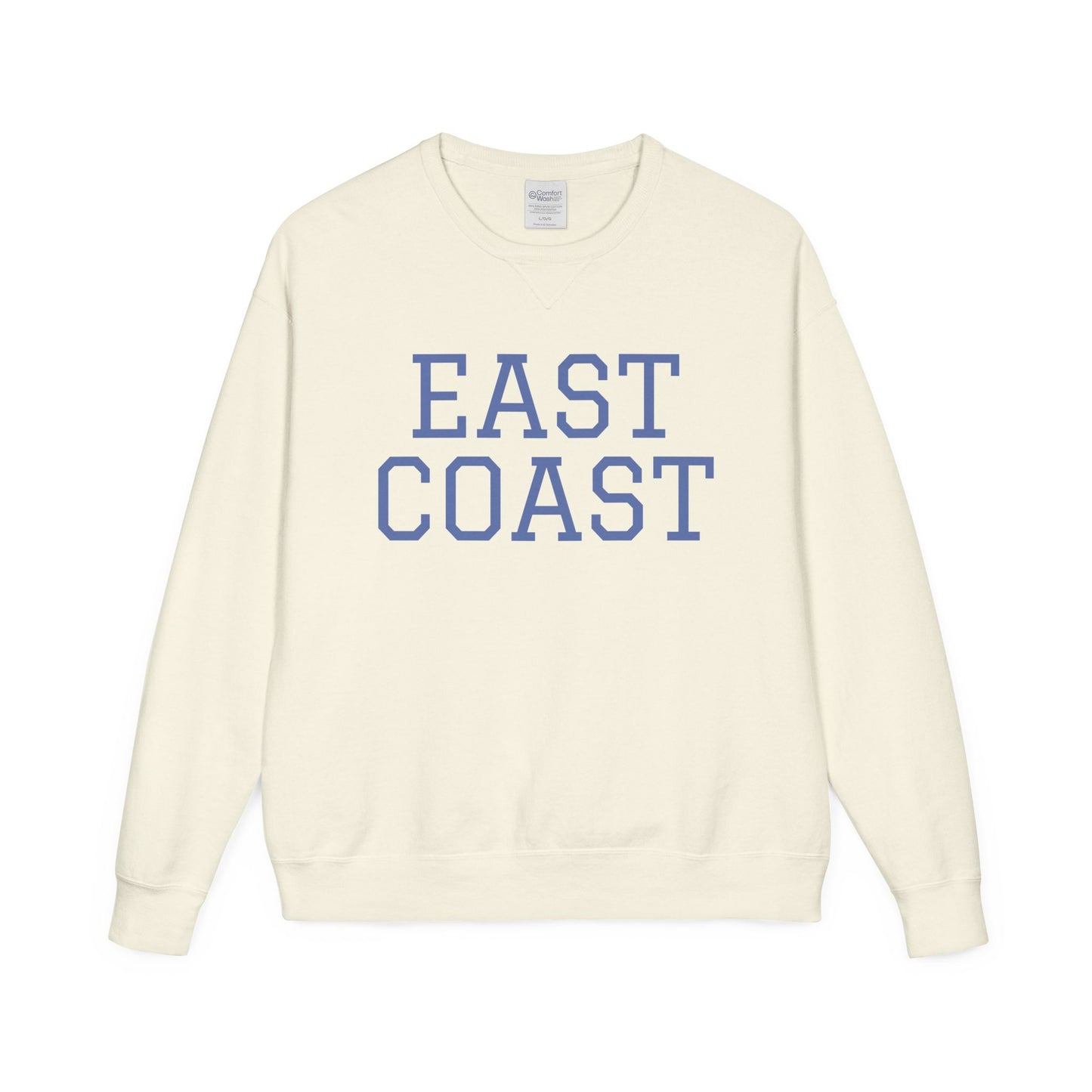 Cream-colored sweatshirt with 'East Coast' text in blue on a white background