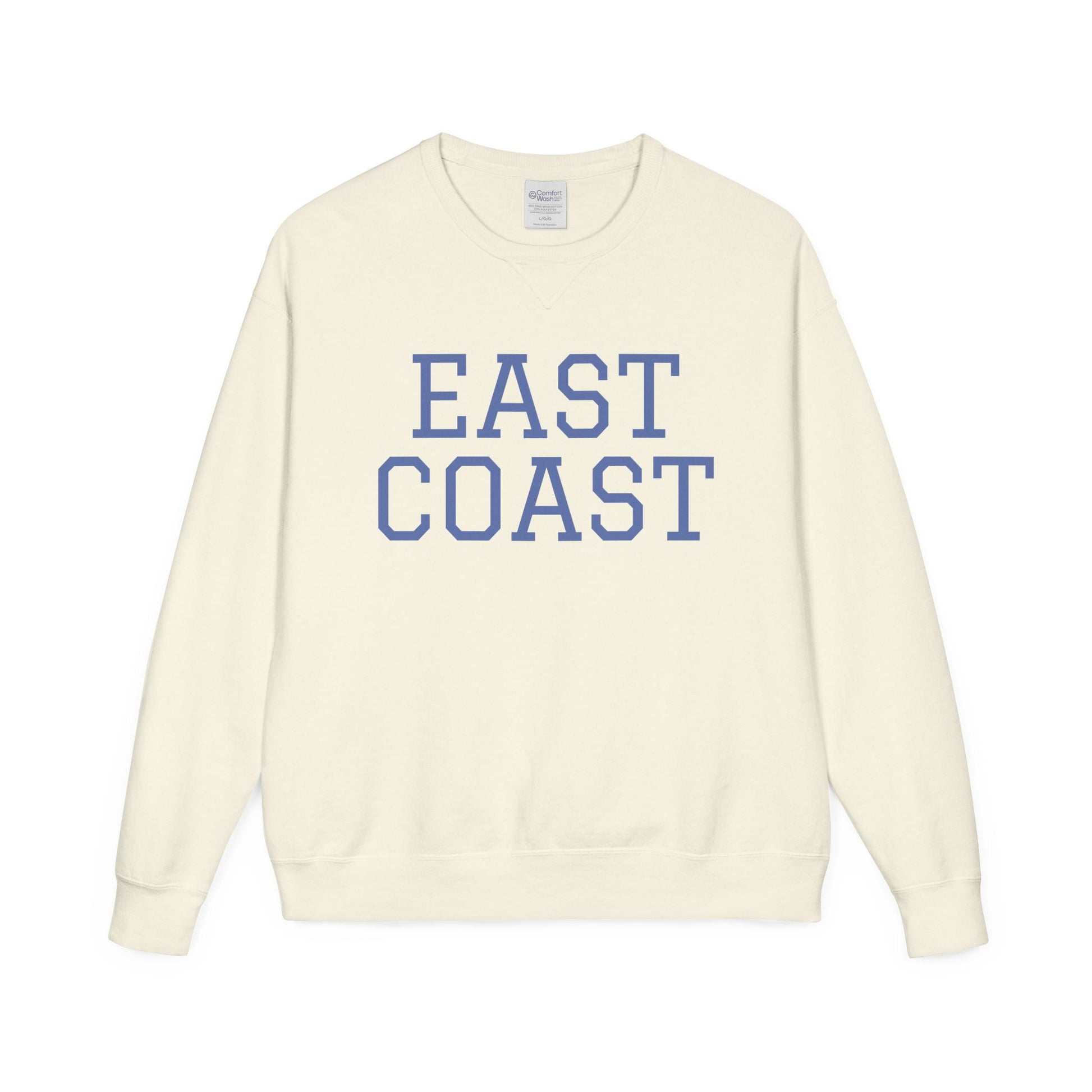 Cream-colored sweatshirt with 'East Coast' text in blue on a white background