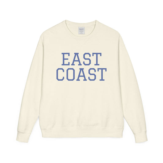 Cream-colored sweatshirt with 'East Coast' text in blue on a white background