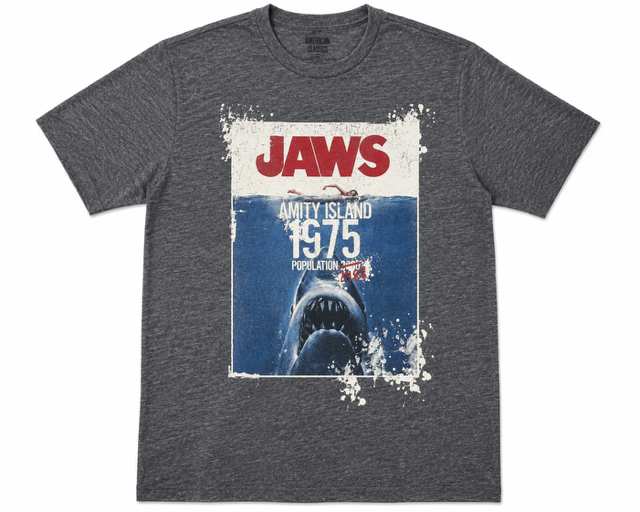 Gray t-shirt with 'JAWS' shark graphic on a white background
