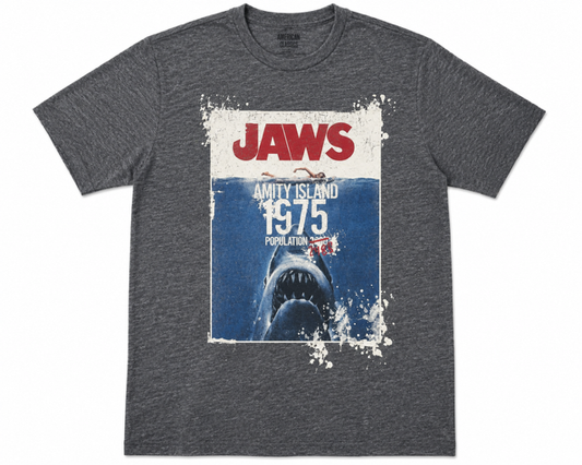 Gray t-shirt with 'JAWS' shark graphic on a white background