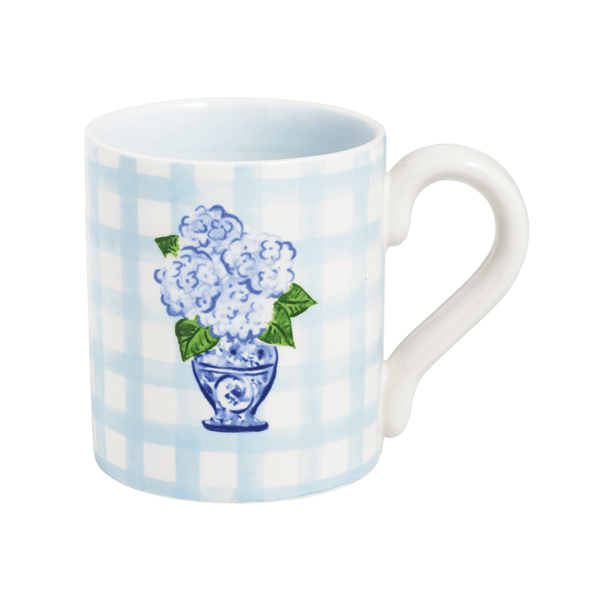 White ceramic hand painted Hydrangeas and gingham coffee mug