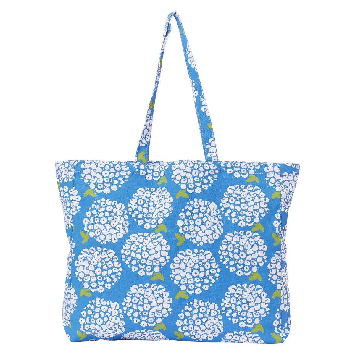Tote bag with white floral hydrangea pattern on a blue background
