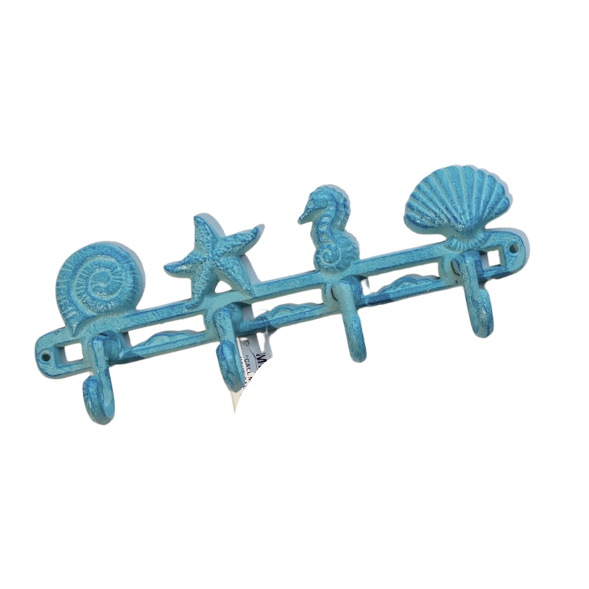 Turquoise blue nautical hooks with seashells, starfish and seahorse. Perfect for hanging coats and more.