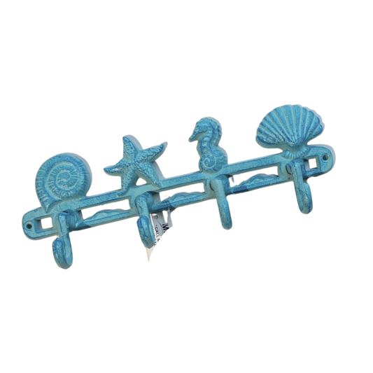 Turquoise blue nautical hooks with seashells, starfish and seahorse. Perfect for hanging coats and more.