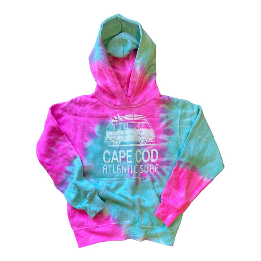 Youth Cape Cod Tie Dye Hooded Sweatshirt in bright pink and mint green