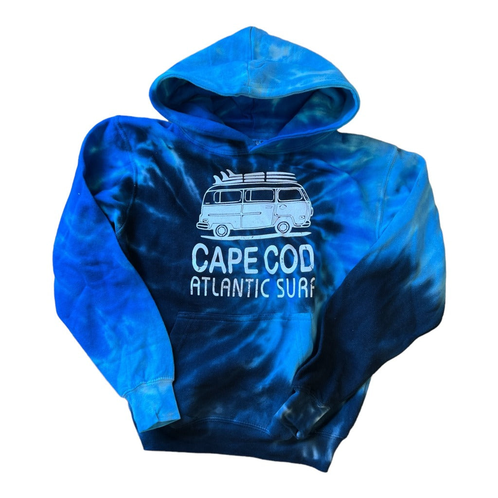 Youth Cape Cod Tie Dye Hooded Sweatshirt in Blue Jerry with groovy surf life design