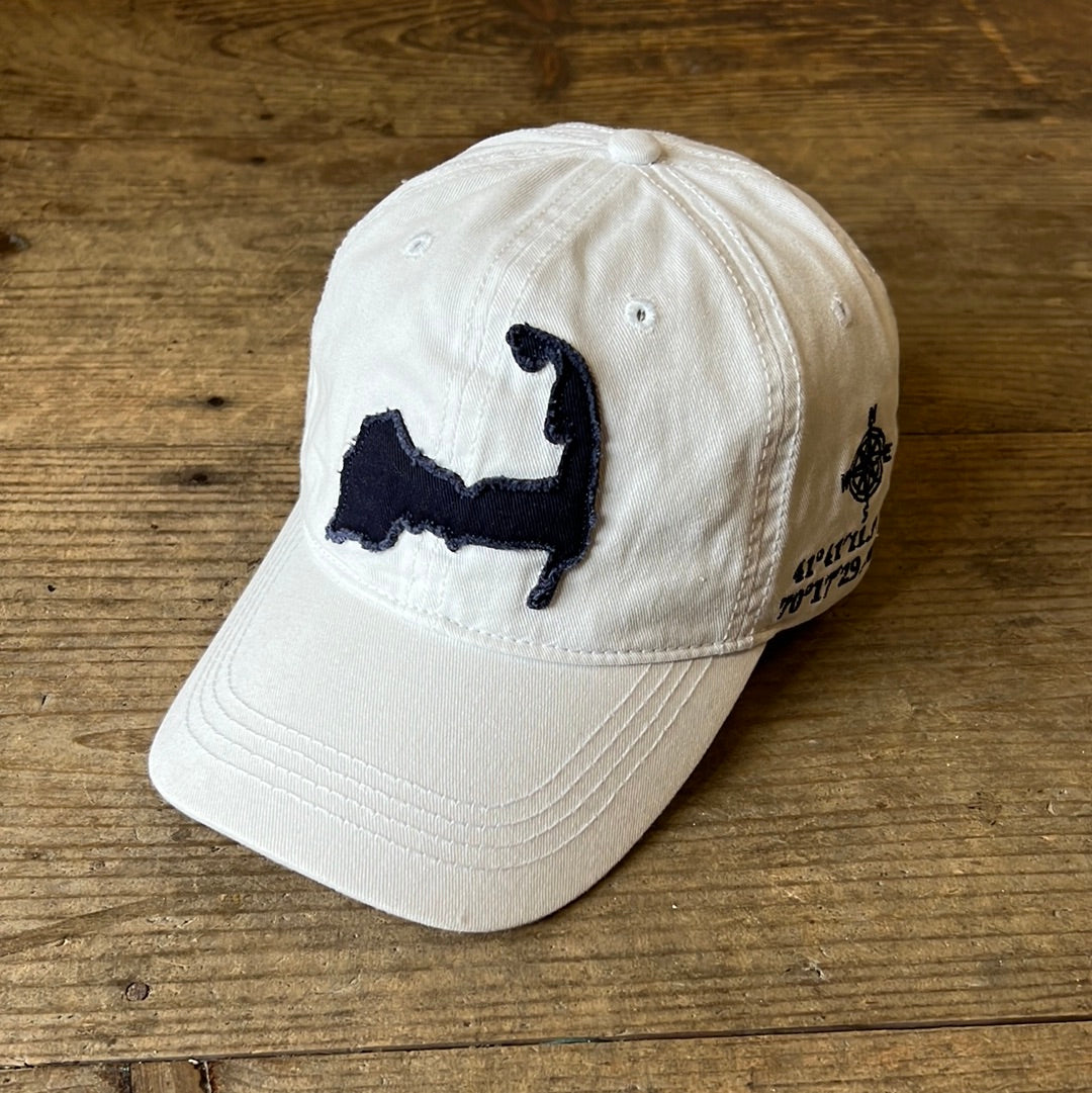 White Cape Cod embroidered map cap with three different embroidery placements.