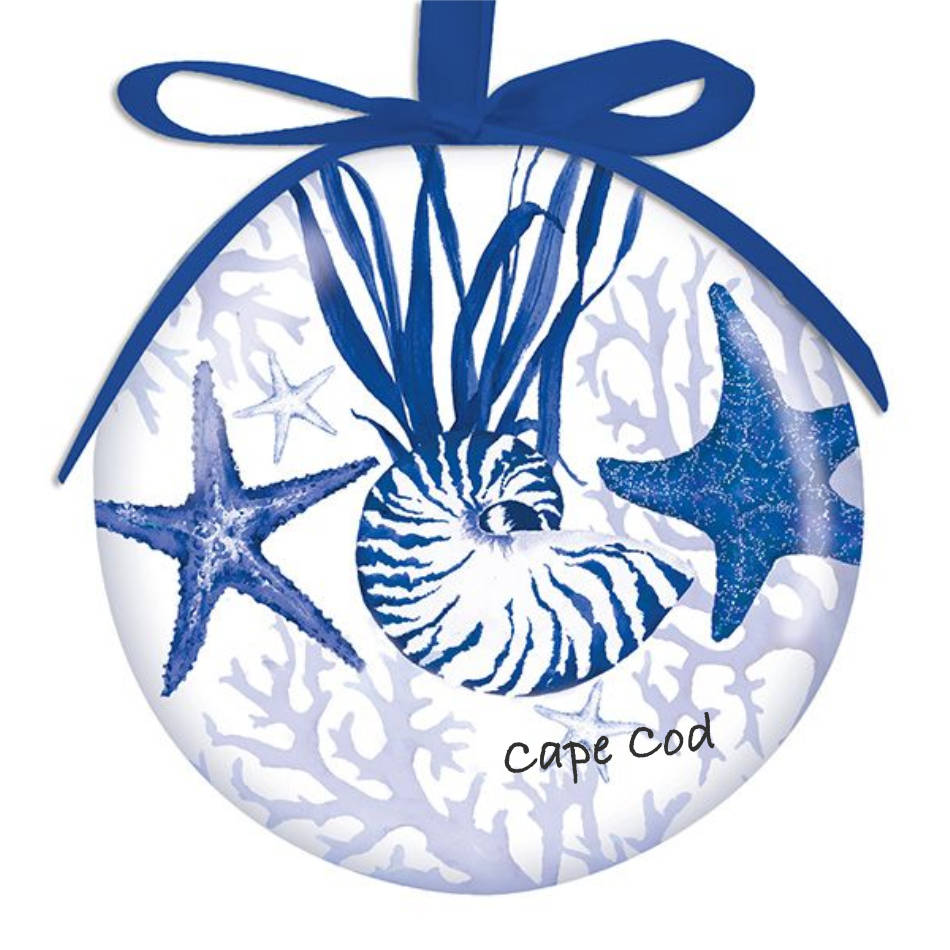 I love this blue + white shell designed shatterproof Cape Cod Ball Ornament! | LaBelle's General Store