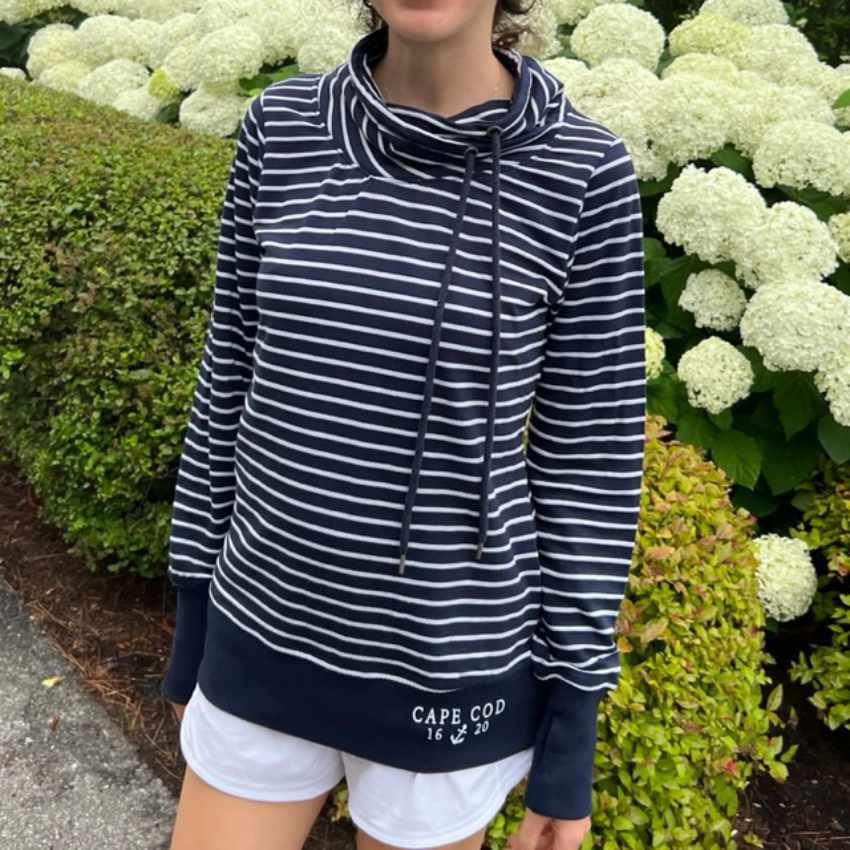 love the French mariner vibes of this pullover! | Cape Cod Striped Pullover with Cowl Neck| LaBelle's General Store