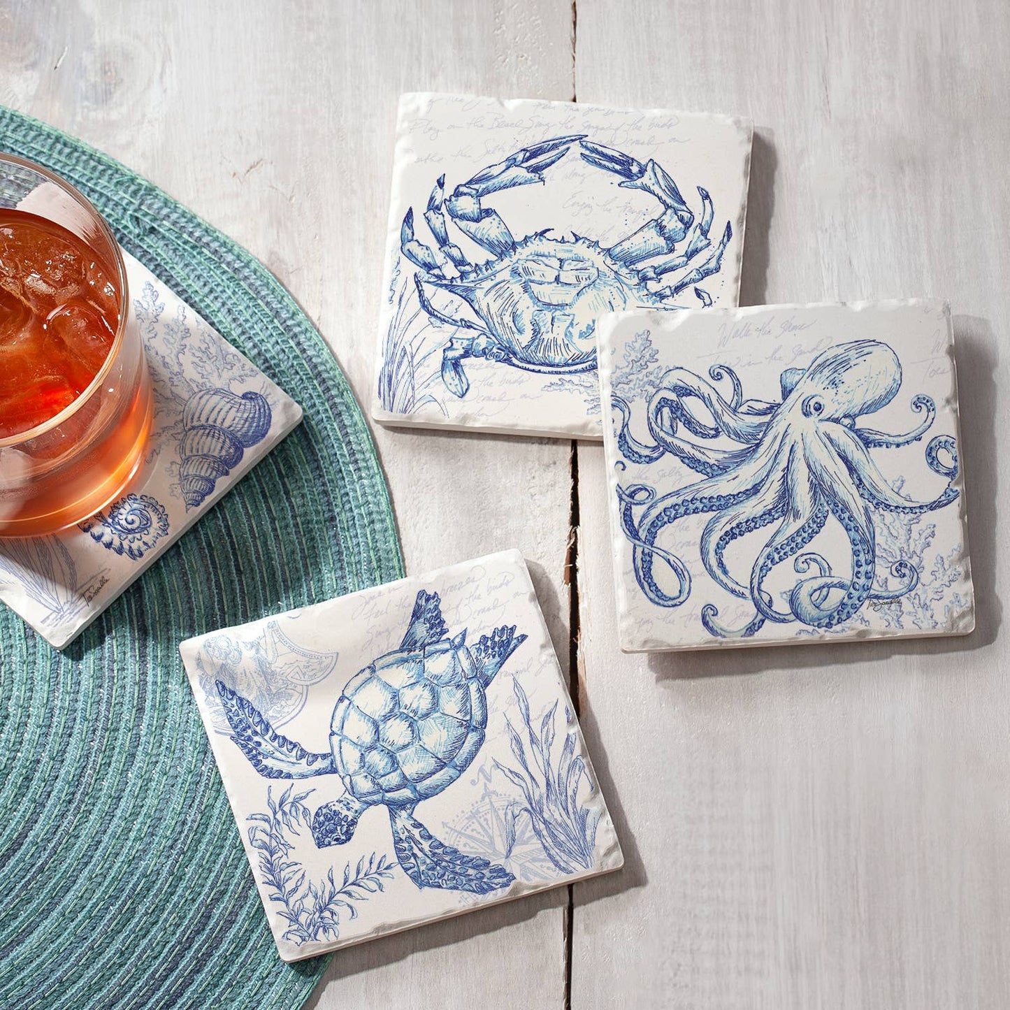 Coastal Sketch Tumbled Tile Coaster Set